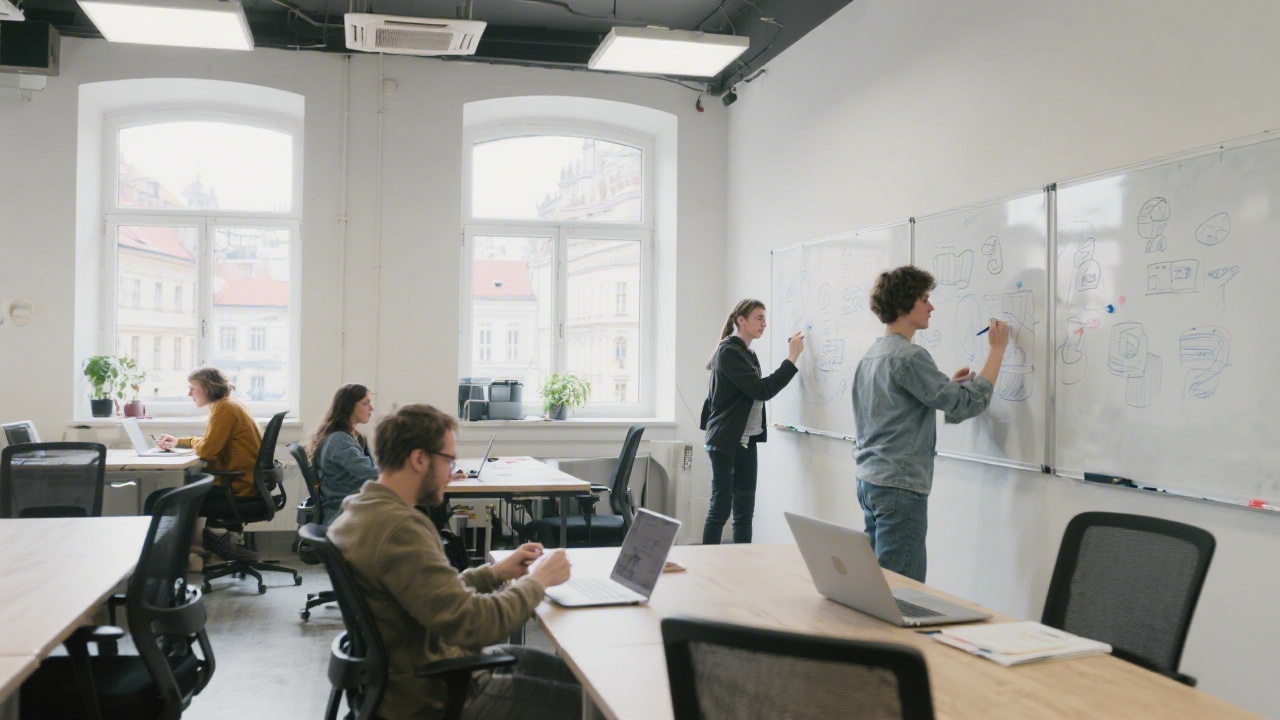 Wide angle view of a modern coworking space in Prague with students sketching UI ideas on whiteboards and laptops, bright natural light and minimal decor