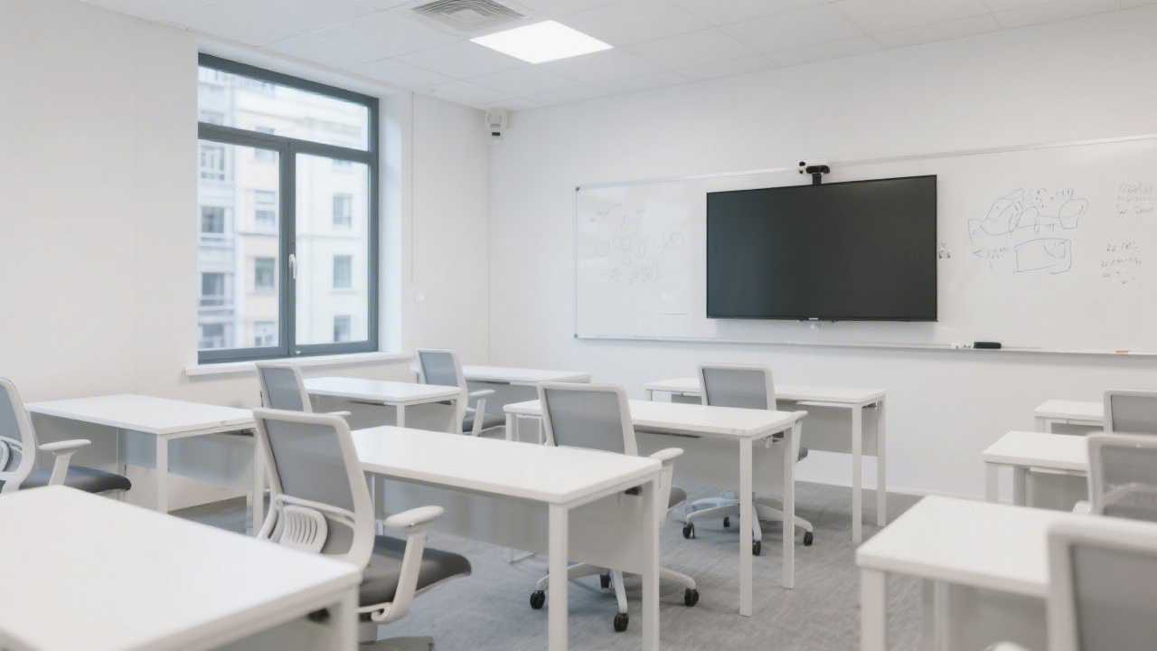 Minimalist classroom interior with white desks, ergonomic chairs, large display screen, and a clean whiteboard wall in a modern Prague office