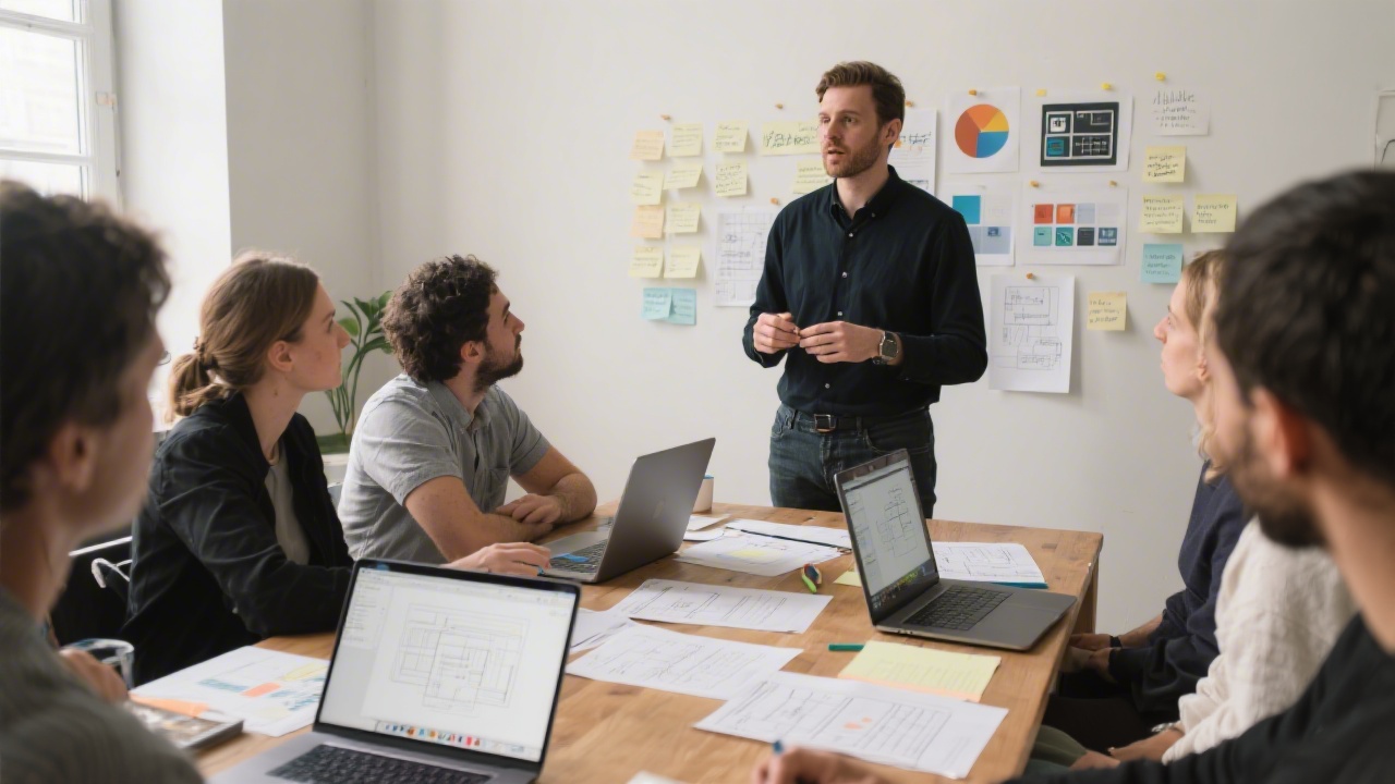 Instructor leading a UI design workshop with participants around a table, printed wireframes, laptops open to Figma, and notes pinned on a wall