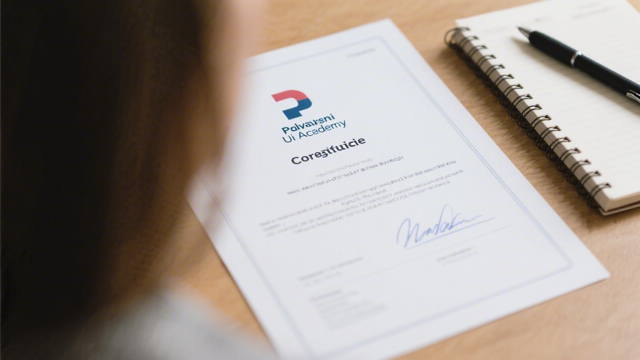 Close-up of a printed course certificate with a clean layout, Prague UI Academy logo, signature area, and a notebook with a pen next to it