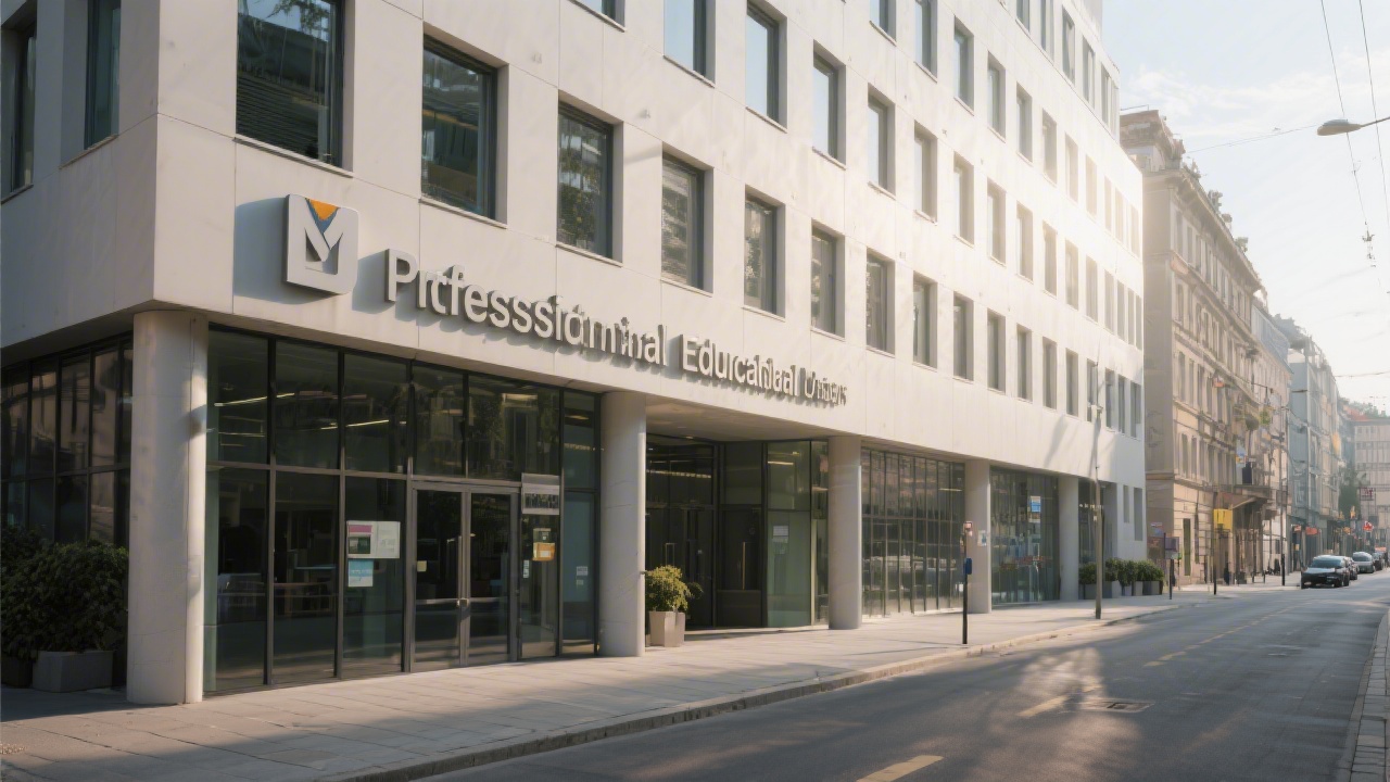 Street view of a modern Prague office building with clear signage, a calm sidewalk, and soft daylight highlighting a professional educational environment