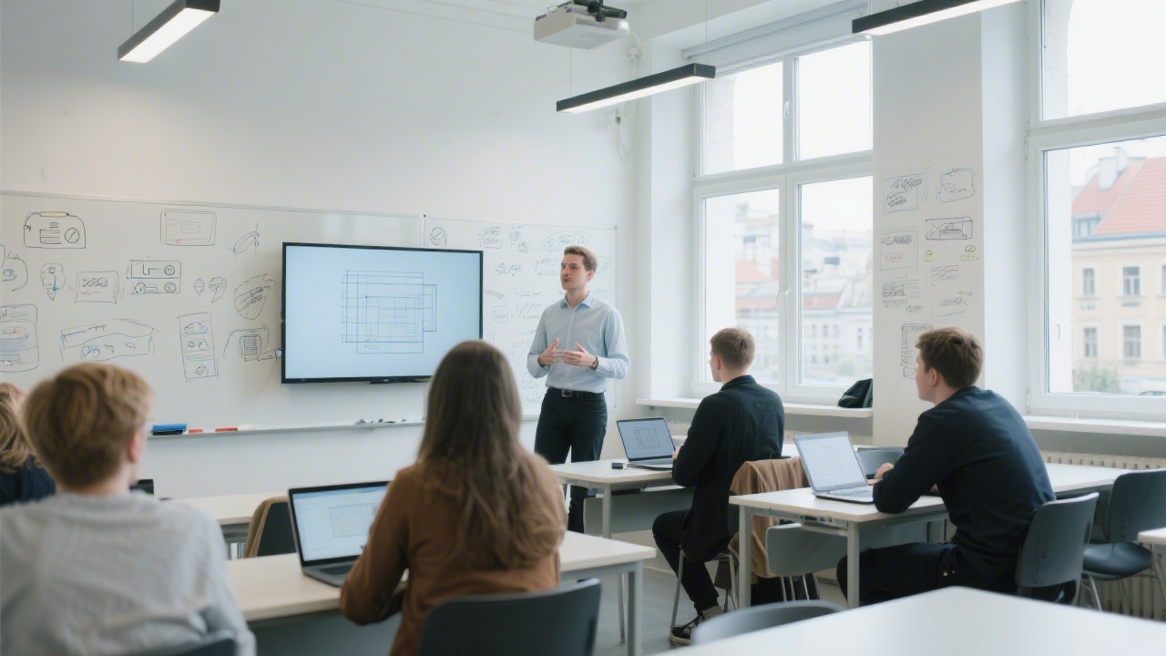 Bright modern classroom in Prague with students working on laptops, large windows, whiteboards filled with UI sketches, and a mentor presenting a layout on a screen