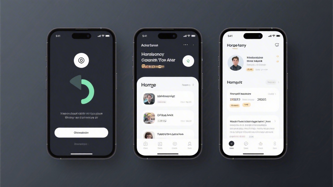 Set of mobile app screens on a phone mockup showing onboarding, home feed, and profile sections with consistent typography and spacing