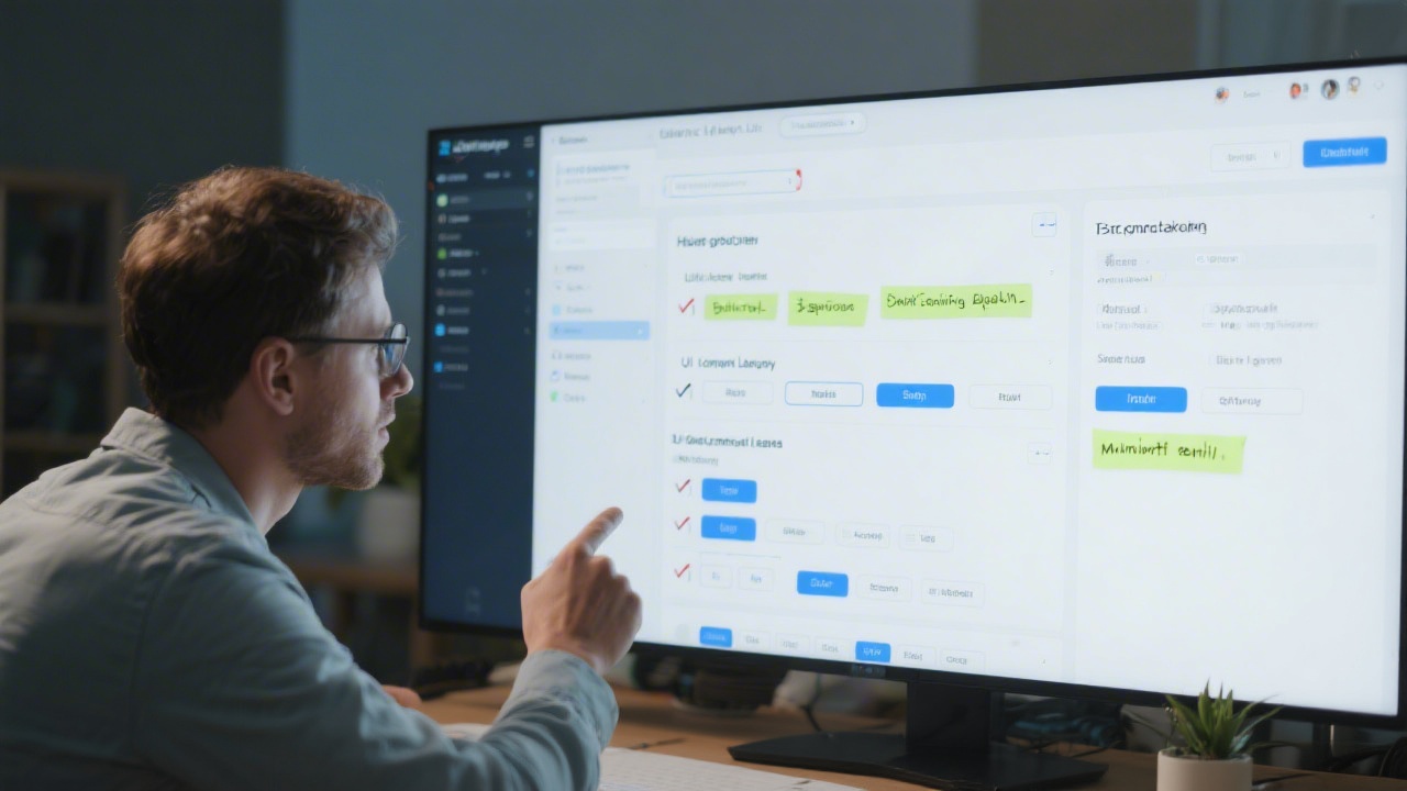 Designer reviewing a UI component library on a large screen with checklist notes, indicating a structured audit of buttons, inputs, and spacing rules