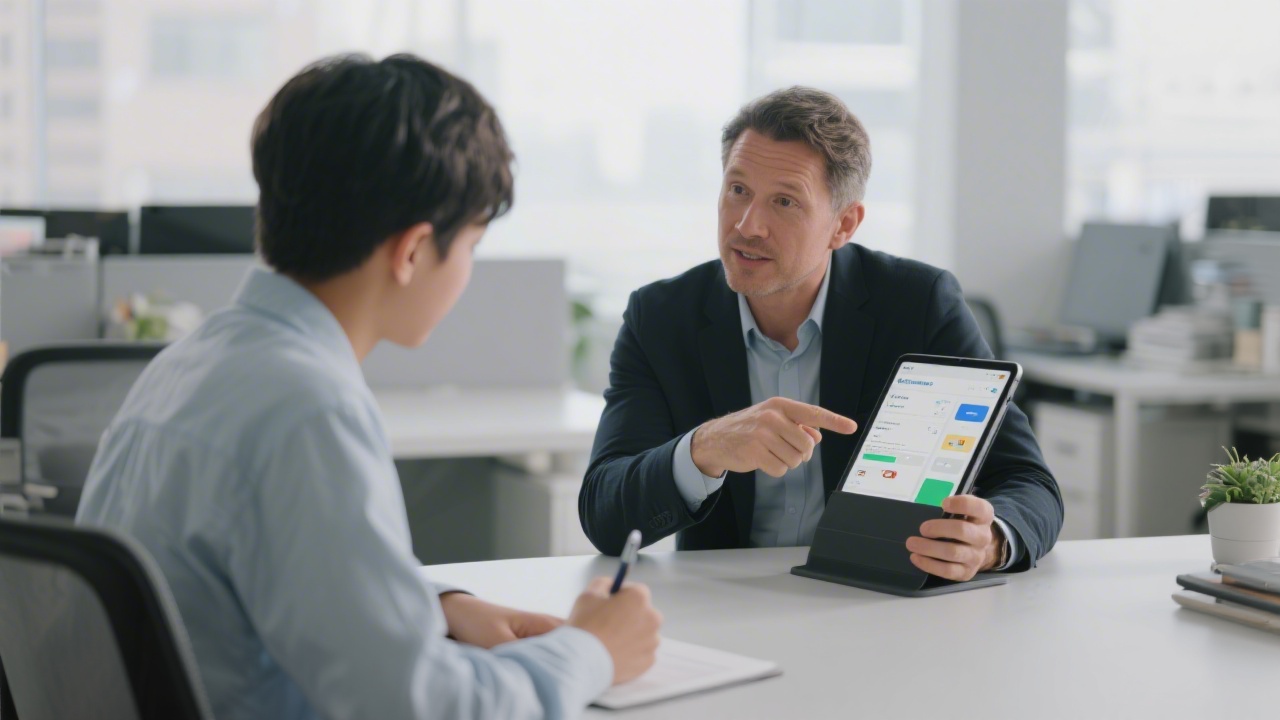 One-on-one mentoring session with a mentor pointing to a tablet showing UI screens, student taking notes, and a calm office setting