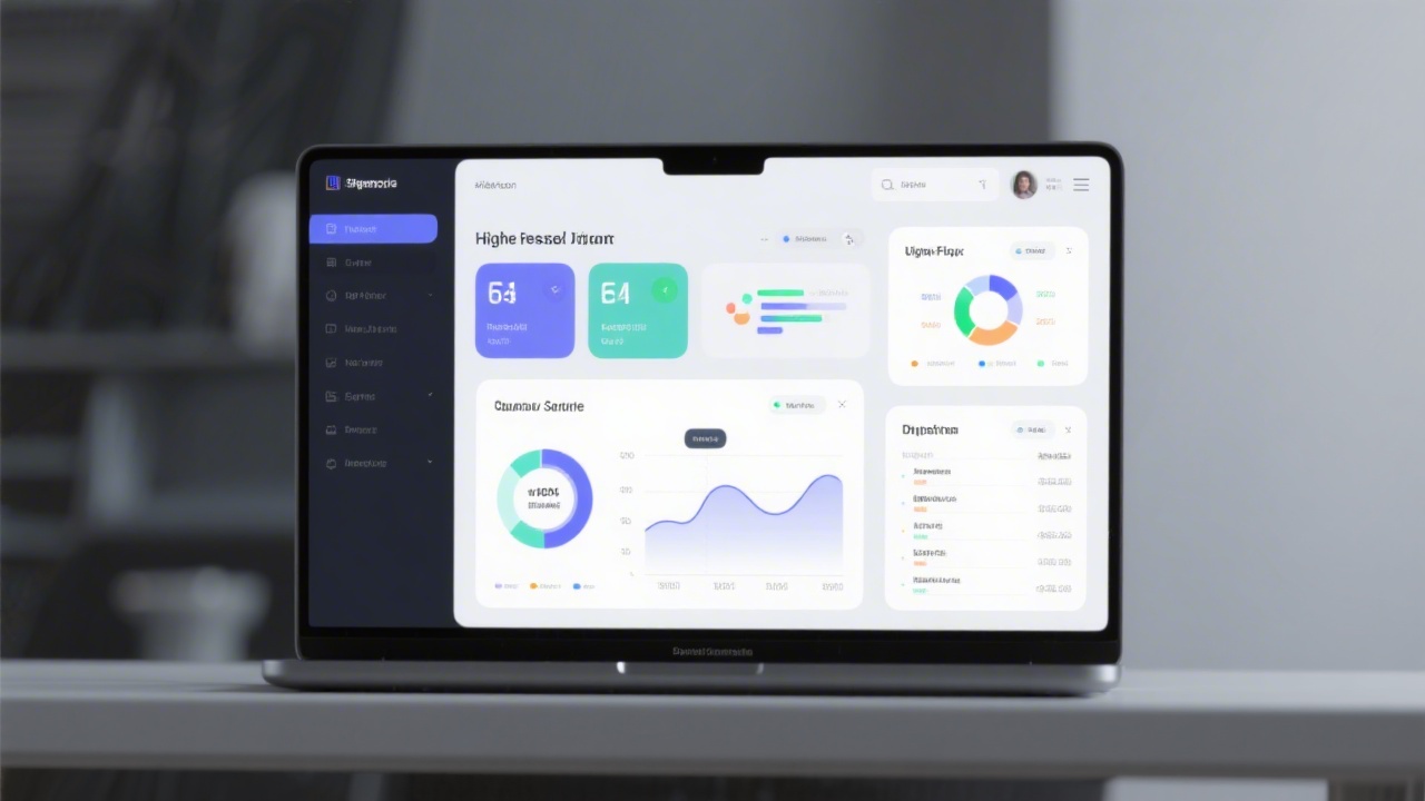 High fidelity dashboard UI mockup displayed on a laptop screen, featuring analytics cards, navigation sidebar, and a clean data visualization layout