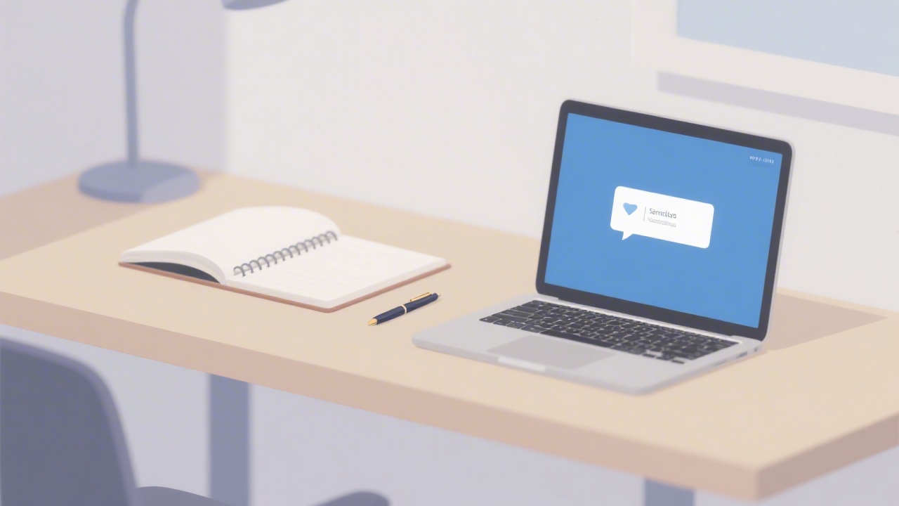 Soft minimal illustration of a desk with a notebook, pen, and open laptop showing a sent message confirmation, calm professional atmosphere