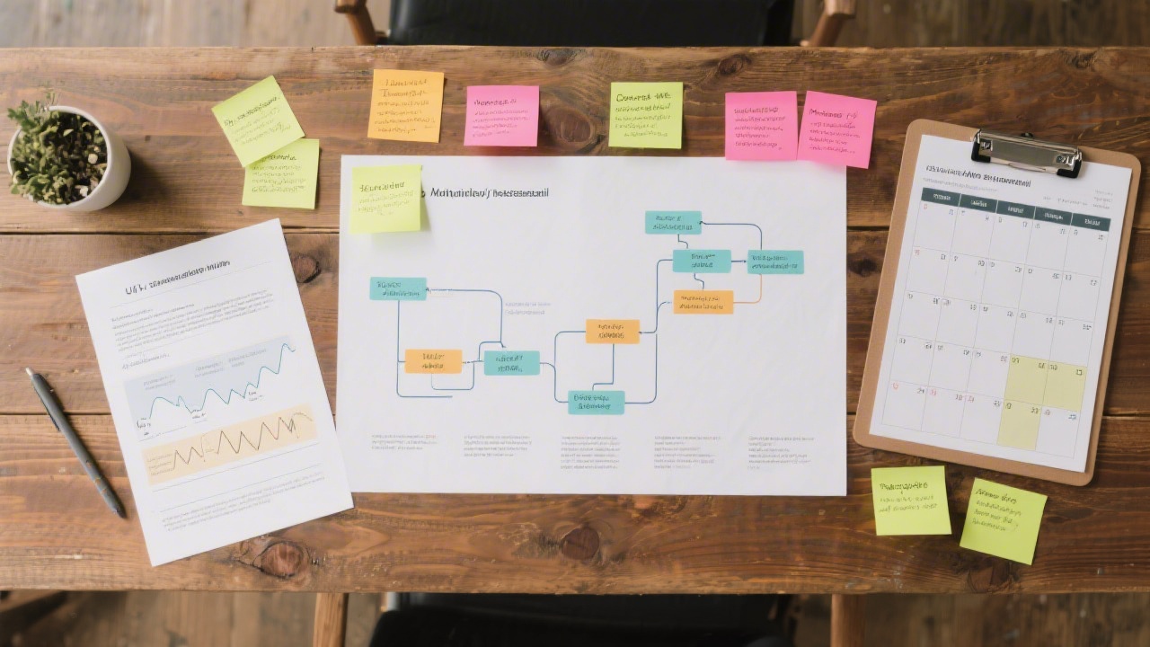 Overhead view of a wooden table with printed UI flow charts, sticky notes for weekly milestones, and a planner showing a structured course timeline